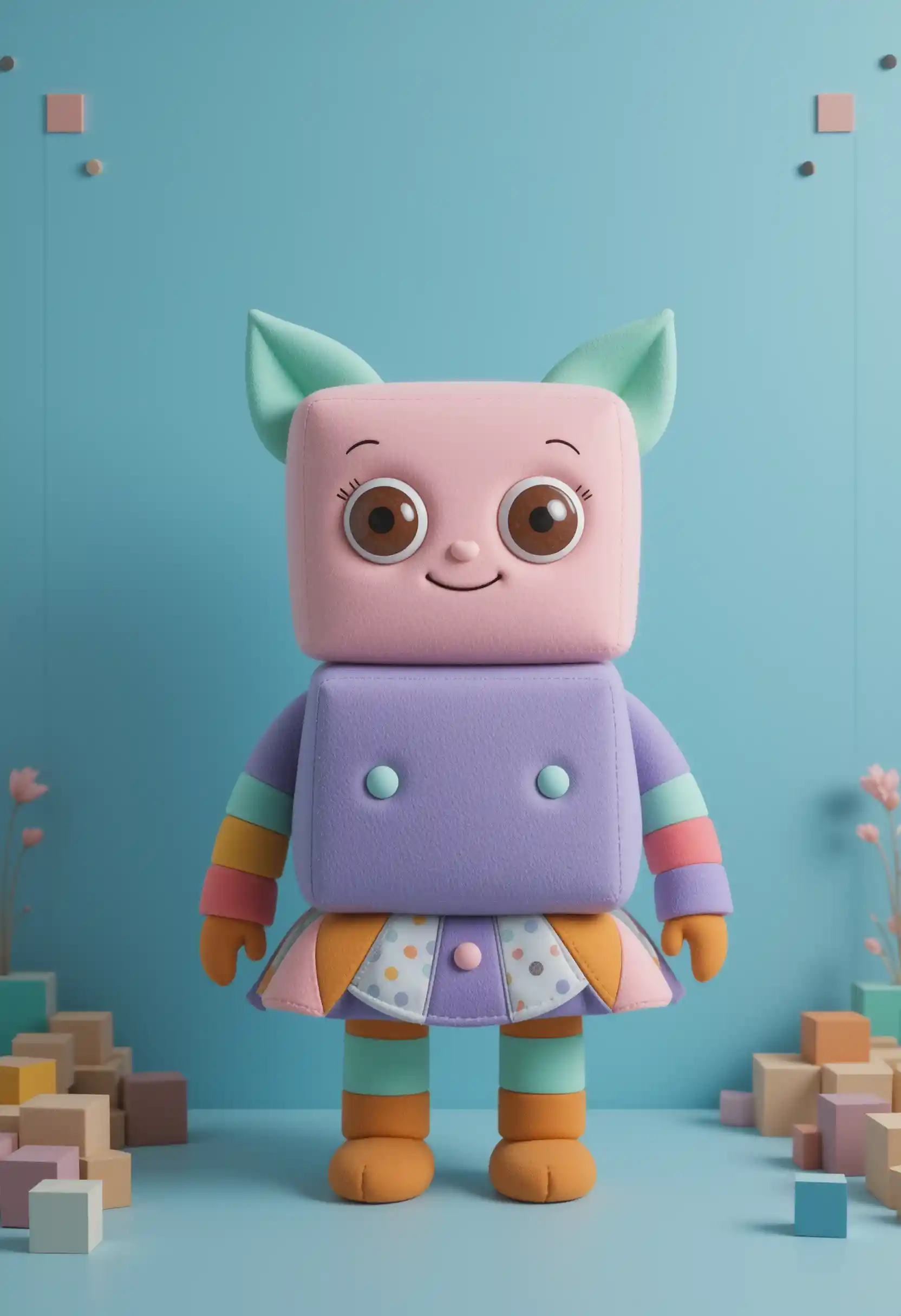 Geometric plush character on blue background with toy block frame