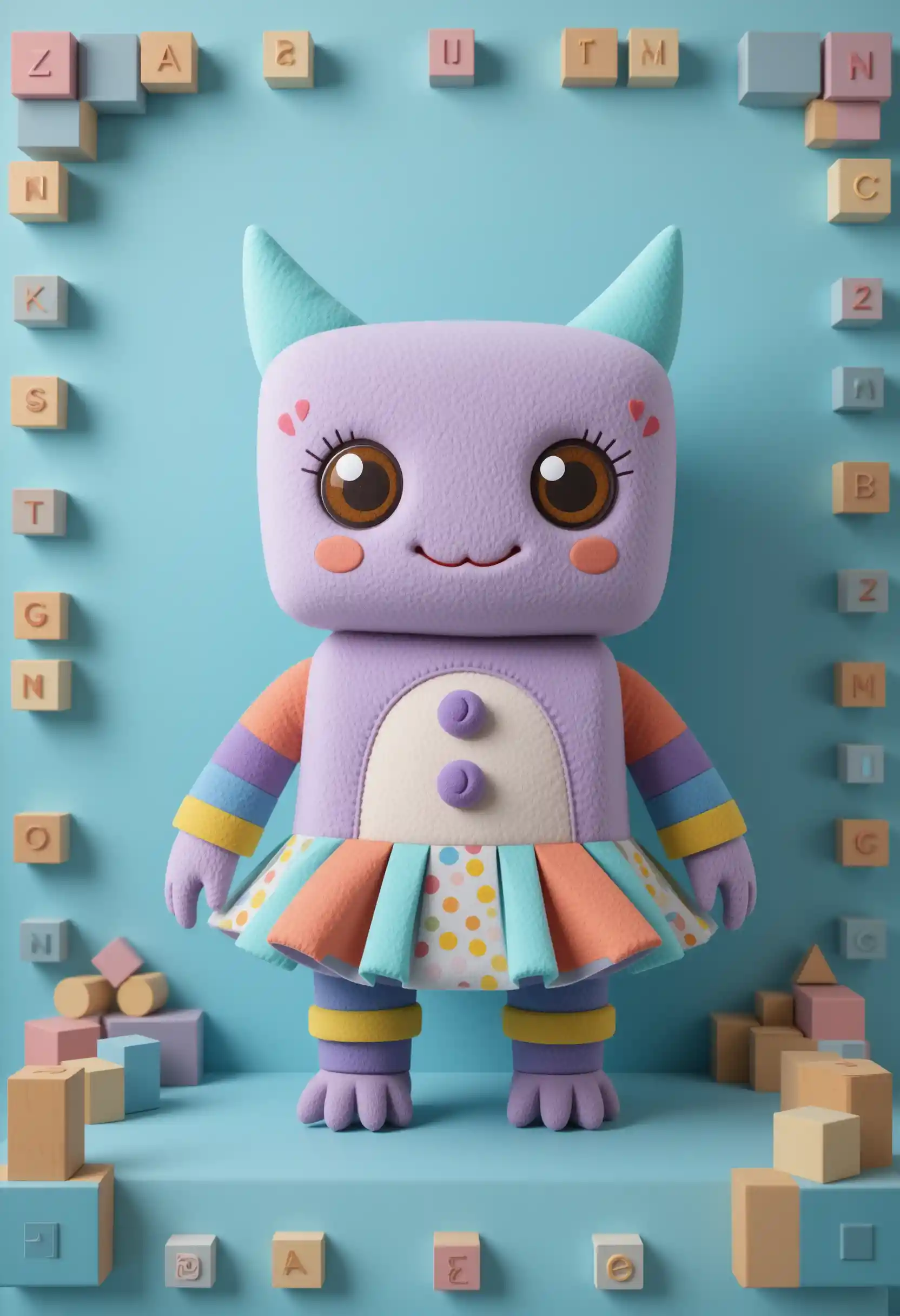 Geometric plush character on soft blue toy block frame