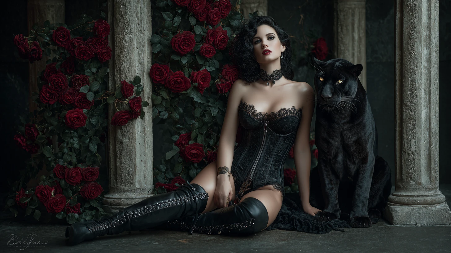 Gothic woman in black corset with panther and roses