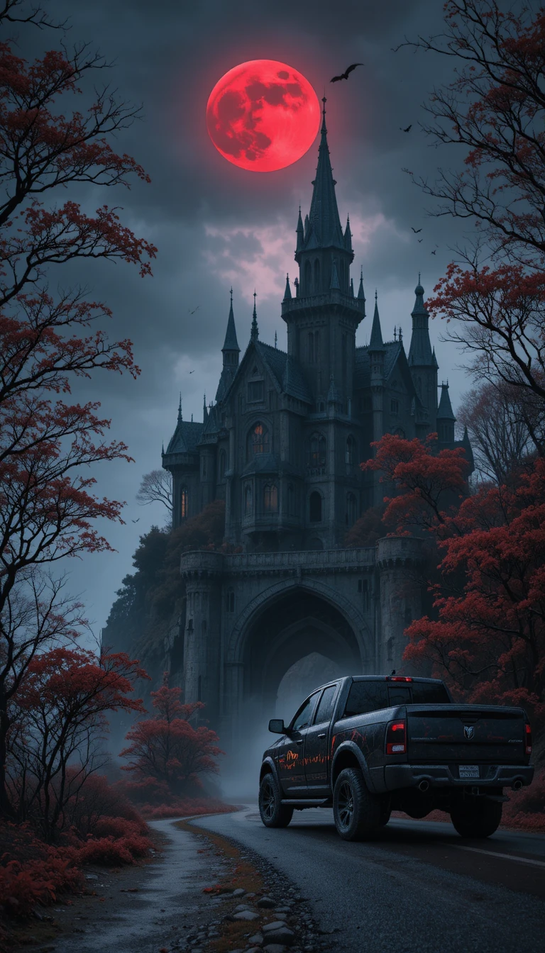 Ancient gothic castle on a cliff under a red moon