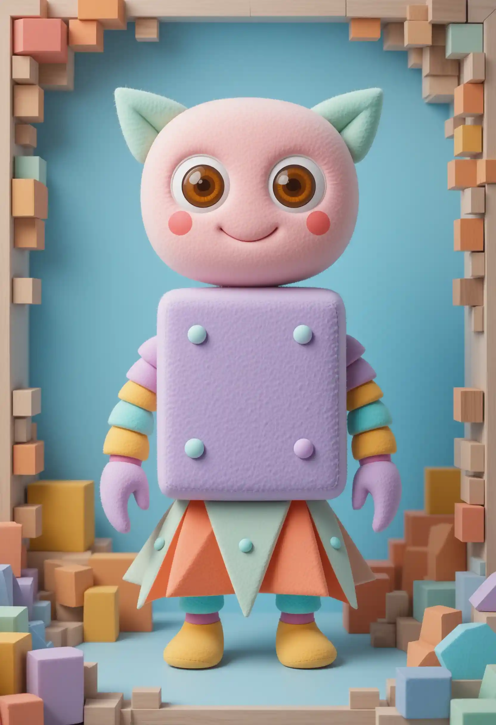 Geometric plush toy character on soft blue background