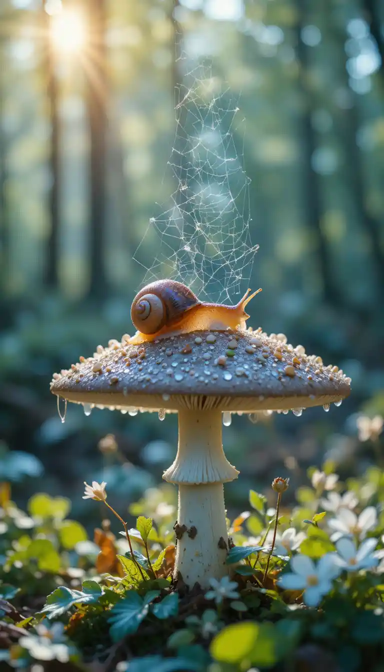 Grape snail on forest mushroom in sunny spring close up