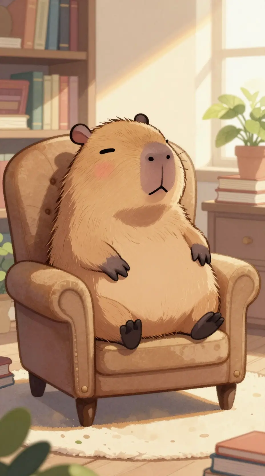Cute chibi capybara relaxing in a cozy sunlit library