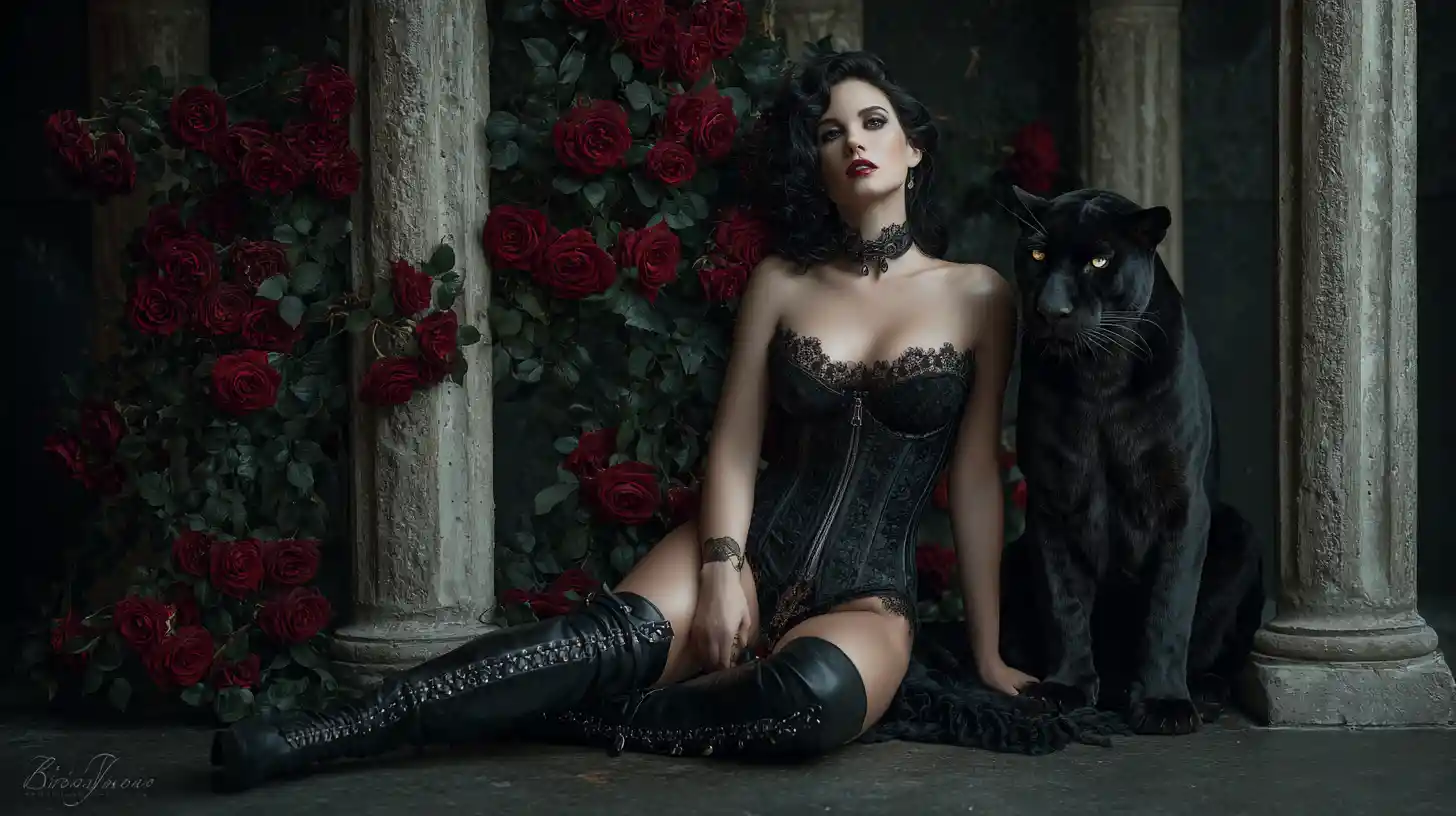 Gotische Frau im schwarzen Korsett mit Panther und Rosen