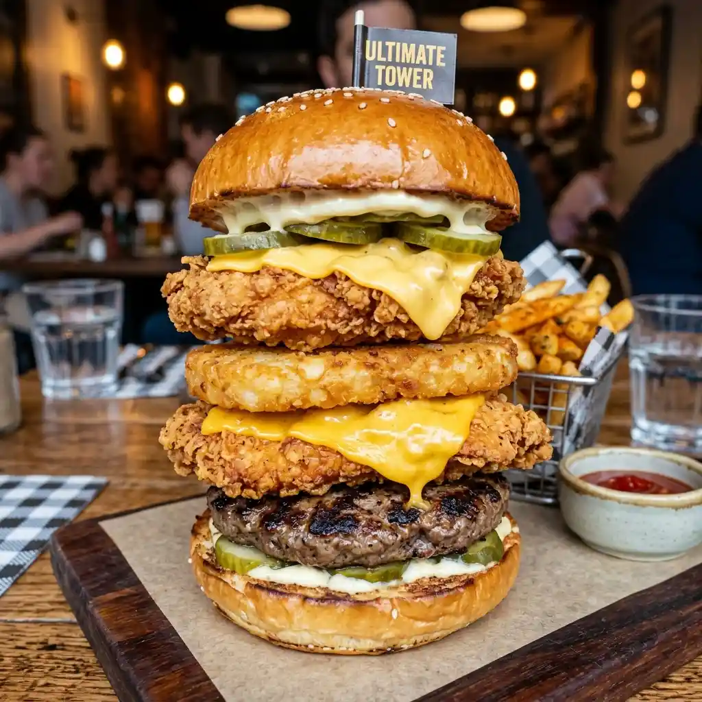 Stacked chicken and beef burger with hash brown layers