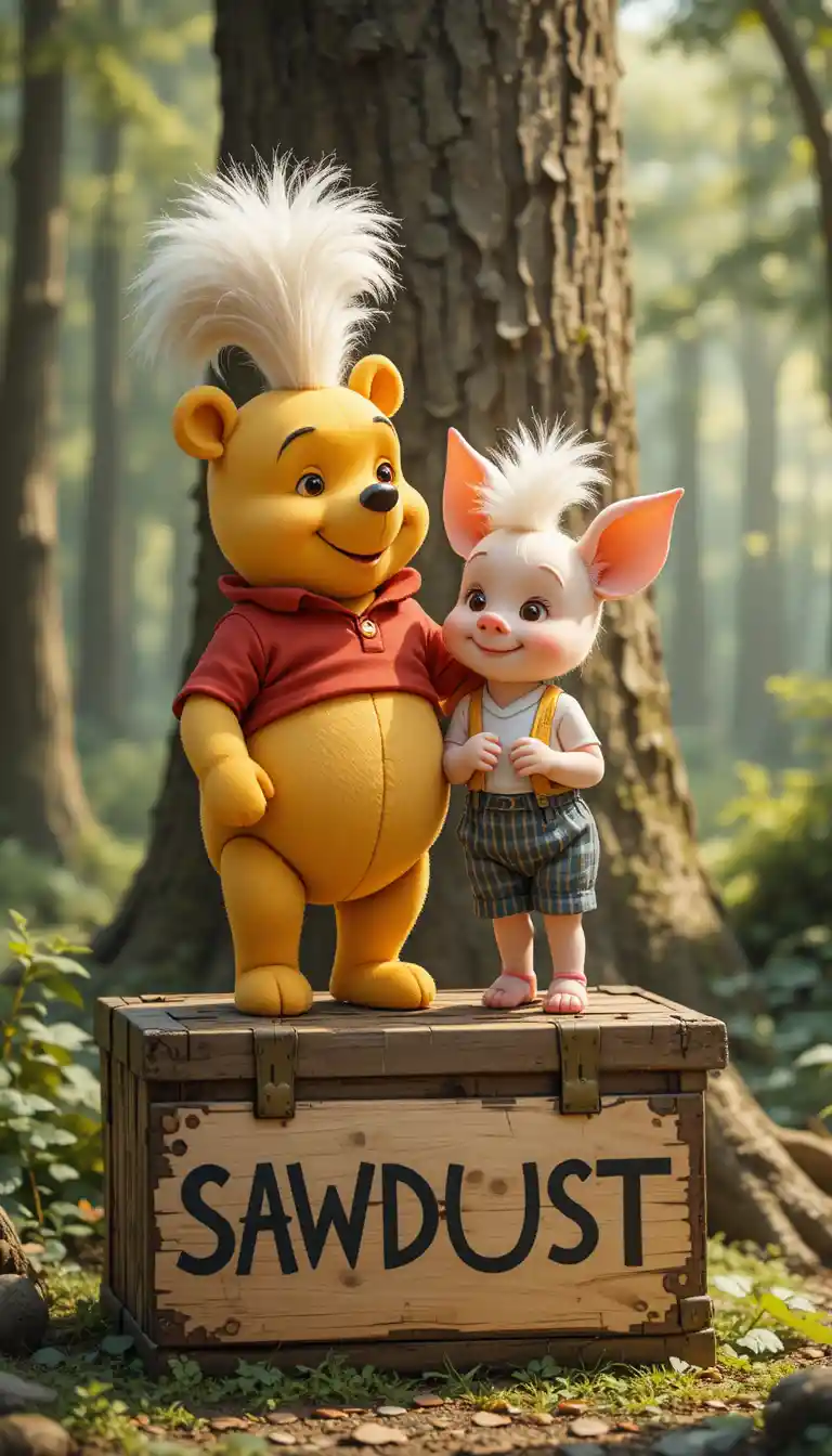 Orso e maialino cartoon in piedi su una cassa di segatura nella foresta