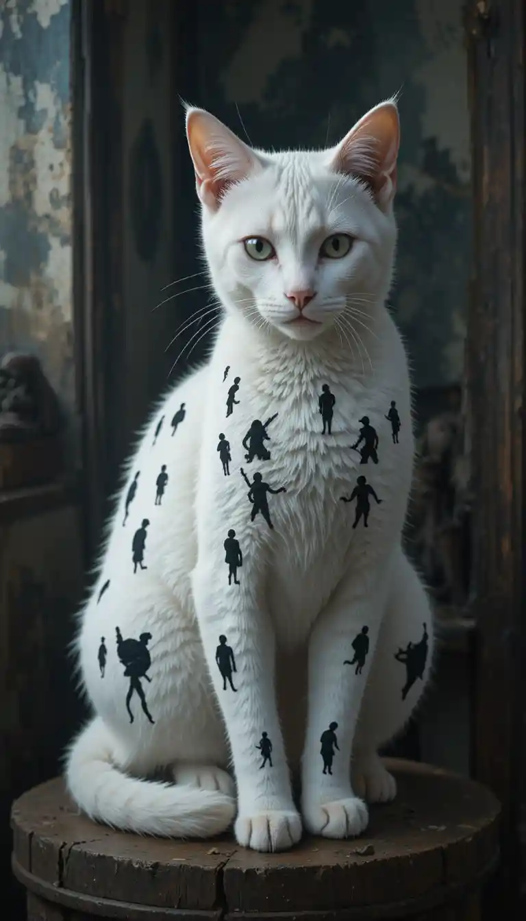 White cat with surreal human shaped spots on its fur
