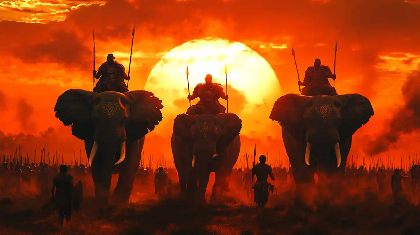 Epic elephant war procession at fiery savanna sunset