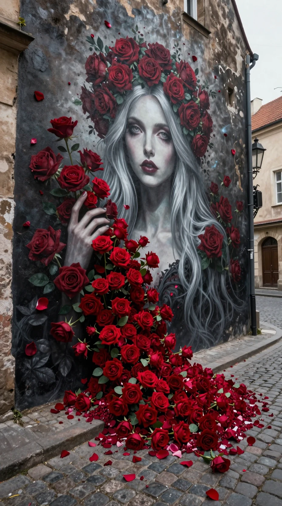 Gothic mural of a silver haired woman with crimson roses