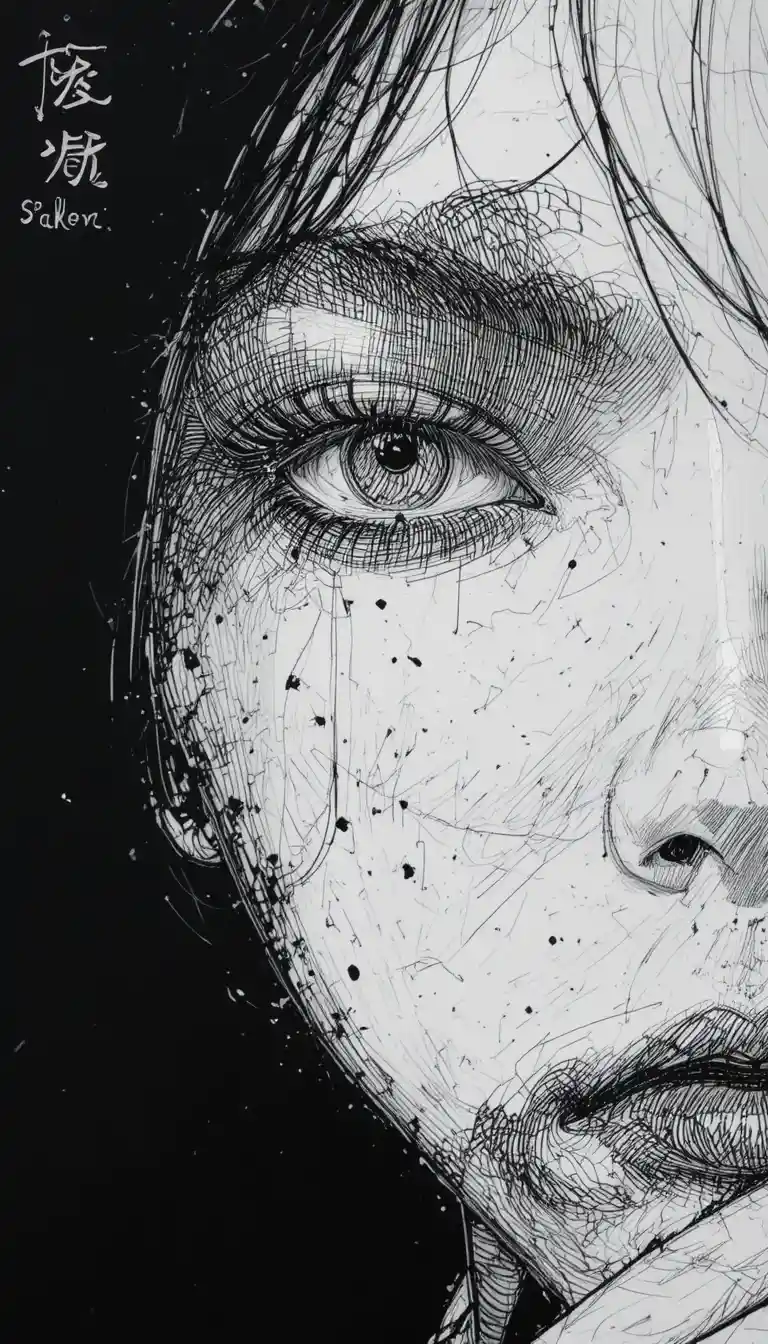 Introspective close up portrait in black and white ink