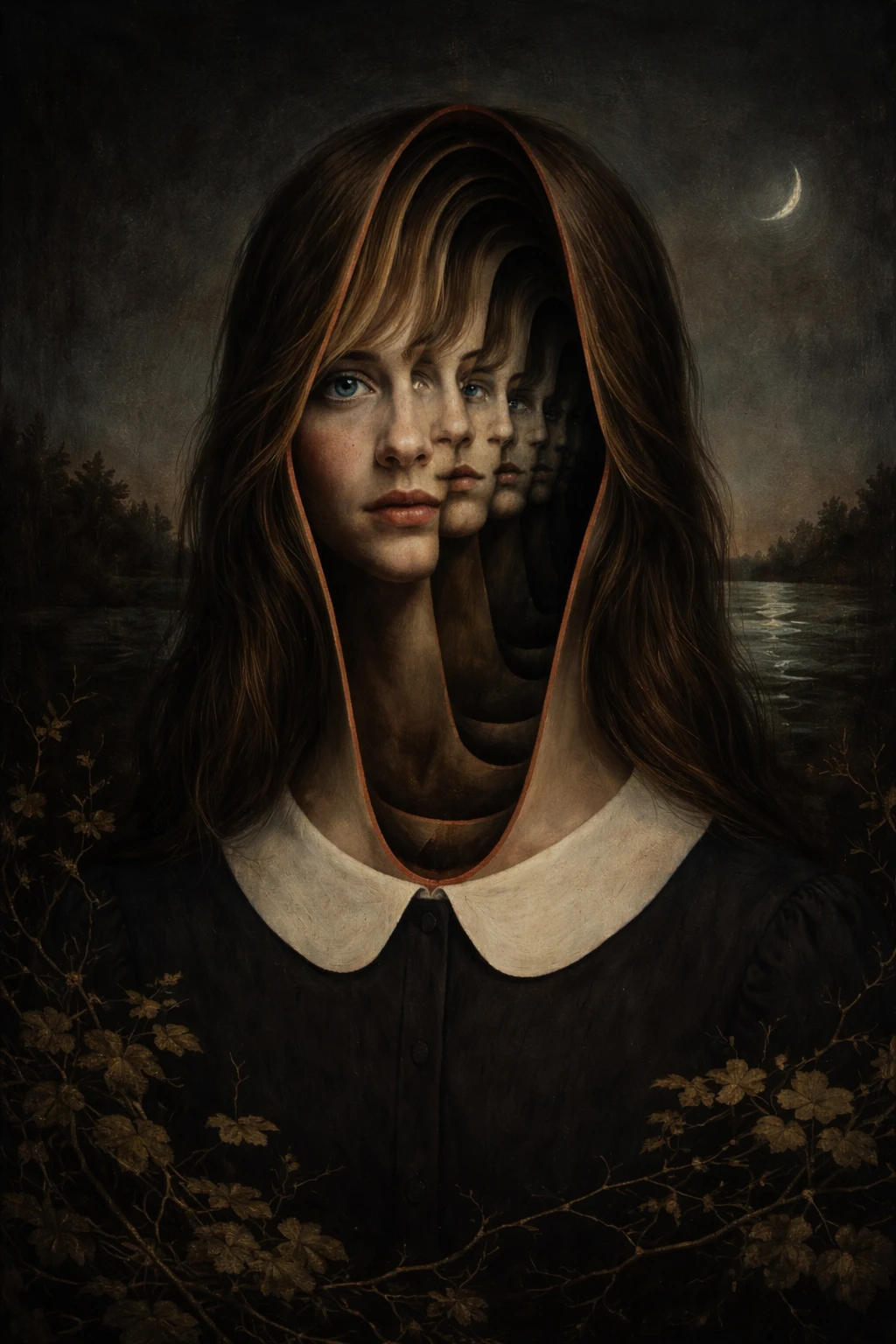 Surreal woman with layered faces in moonlit night scene