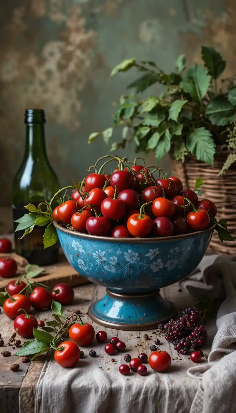 Rustic still life with cherries tomatoes and green glass bottle