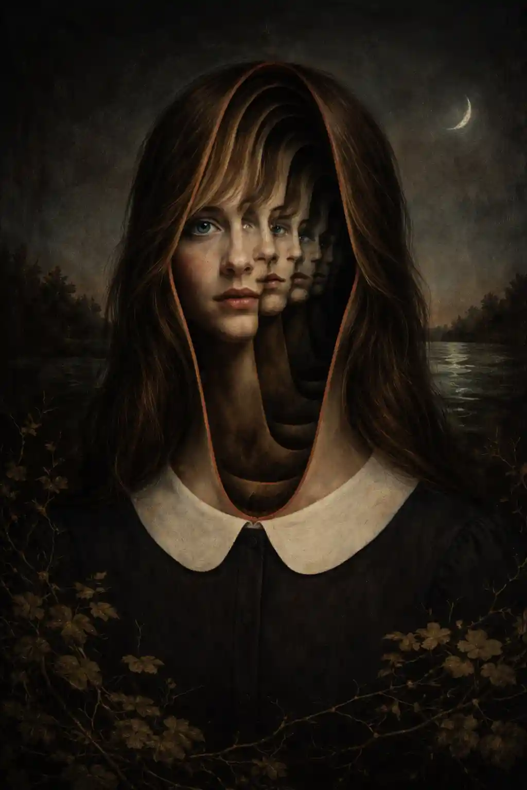 Surreal woman with layered faces in moonlit night scene
