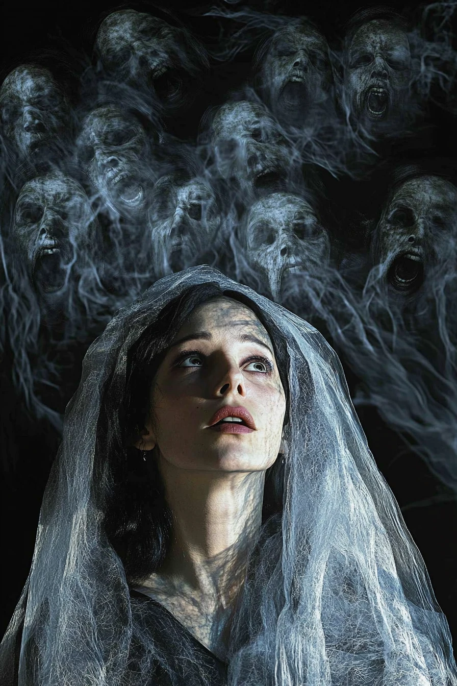 Veiled woman surrounded by swirling ghostly faces in darkness