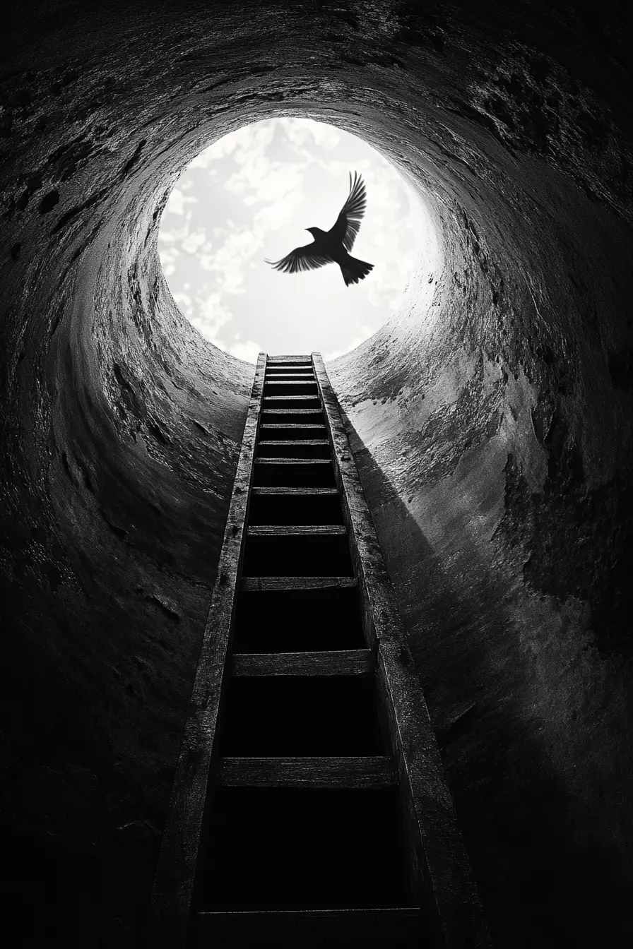 Surreal ladder ascent toward blinding light and flying bird