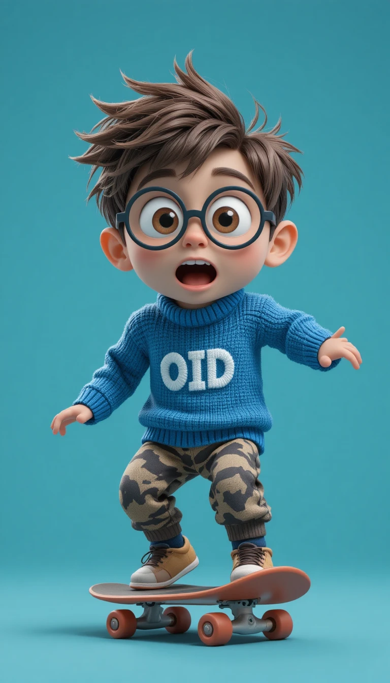 Cartoon boy on orange skateboard in teal 3D scene
