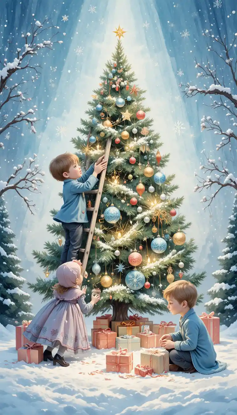 Children Decorating A Christmas Tree In Soft Watercolor Scene