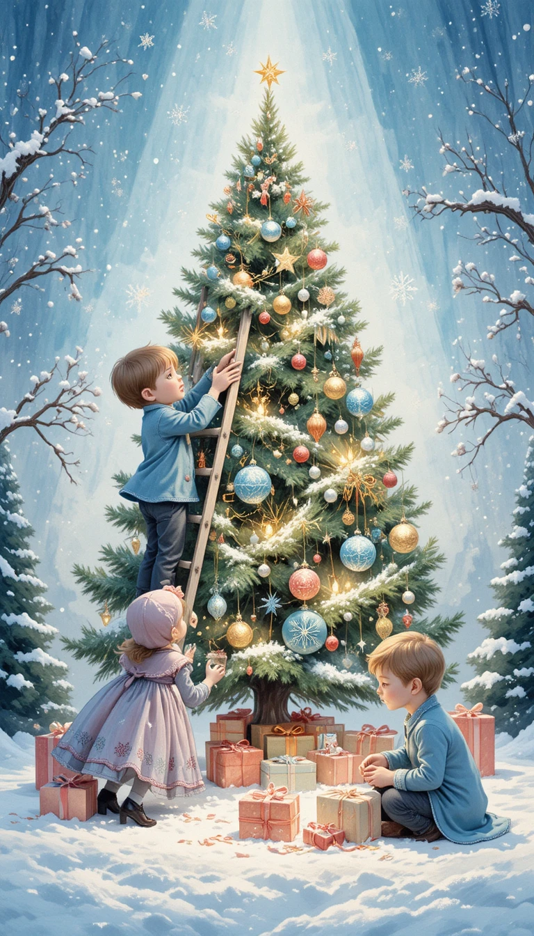 Children Decorating A Christmas Tree In Soft Watercolor Scene