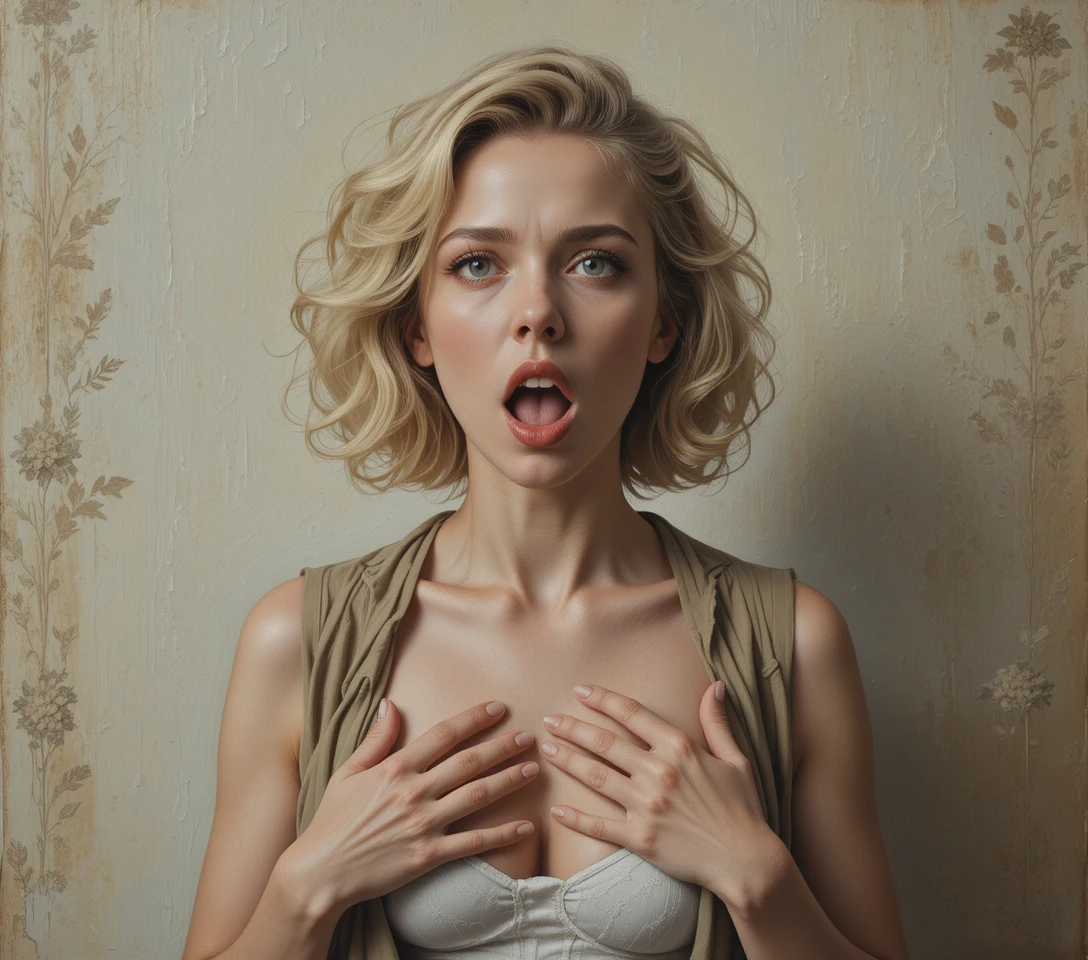 Shocked blonde woman in mustard jacket close up portrait