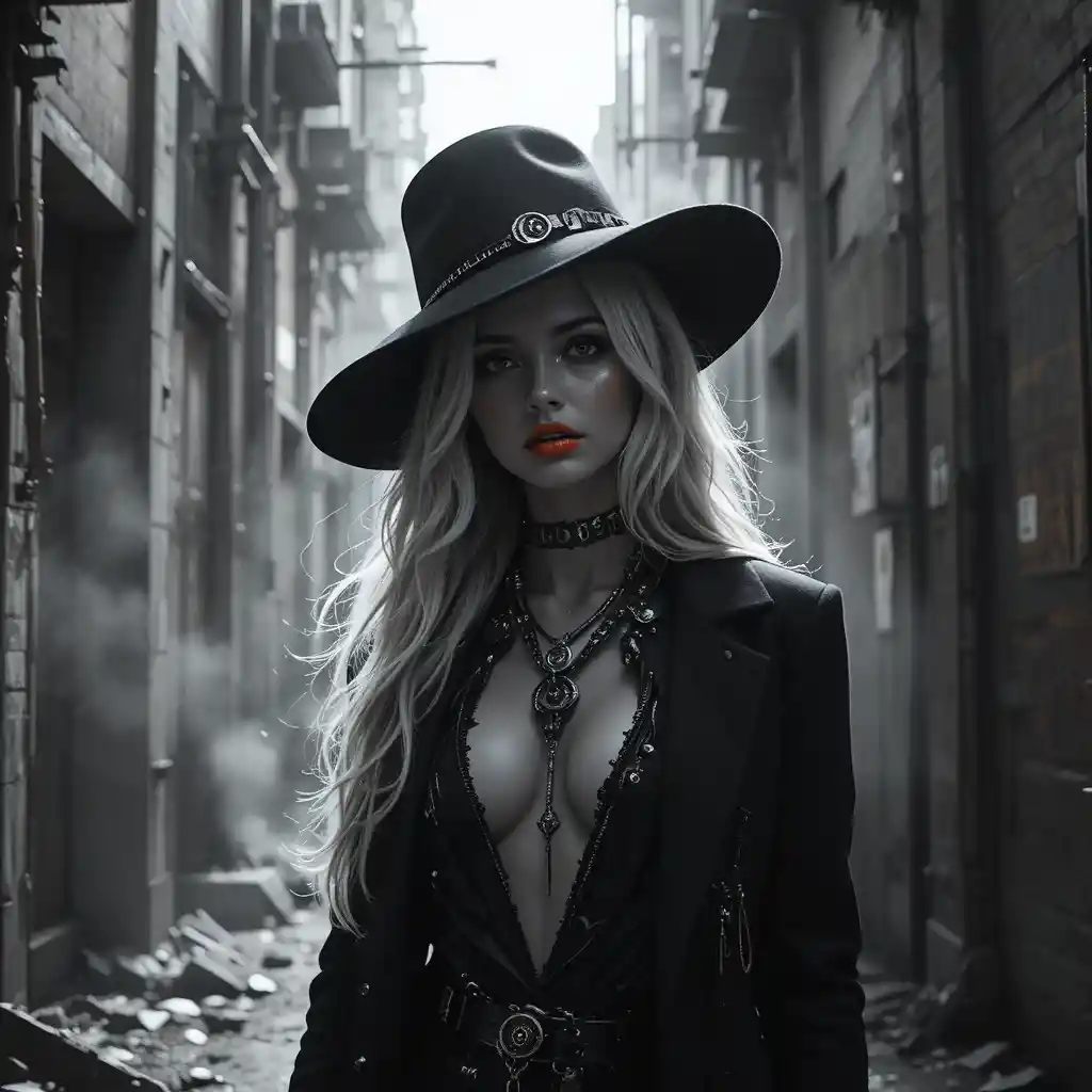 Donna cyber noir in un vicolo industriale ombreggiato della città