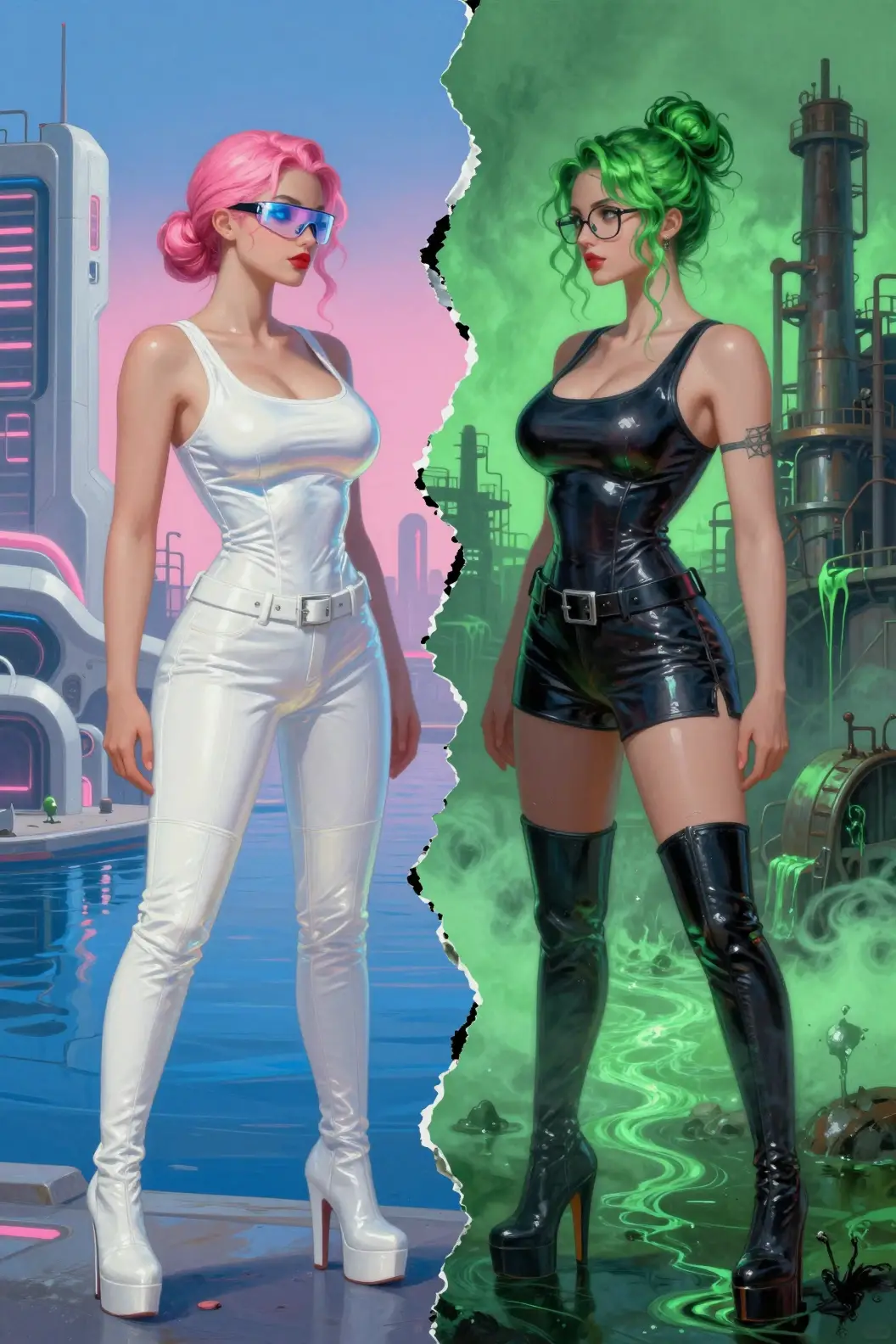 Two contrasting women divided in a futuristic neon city