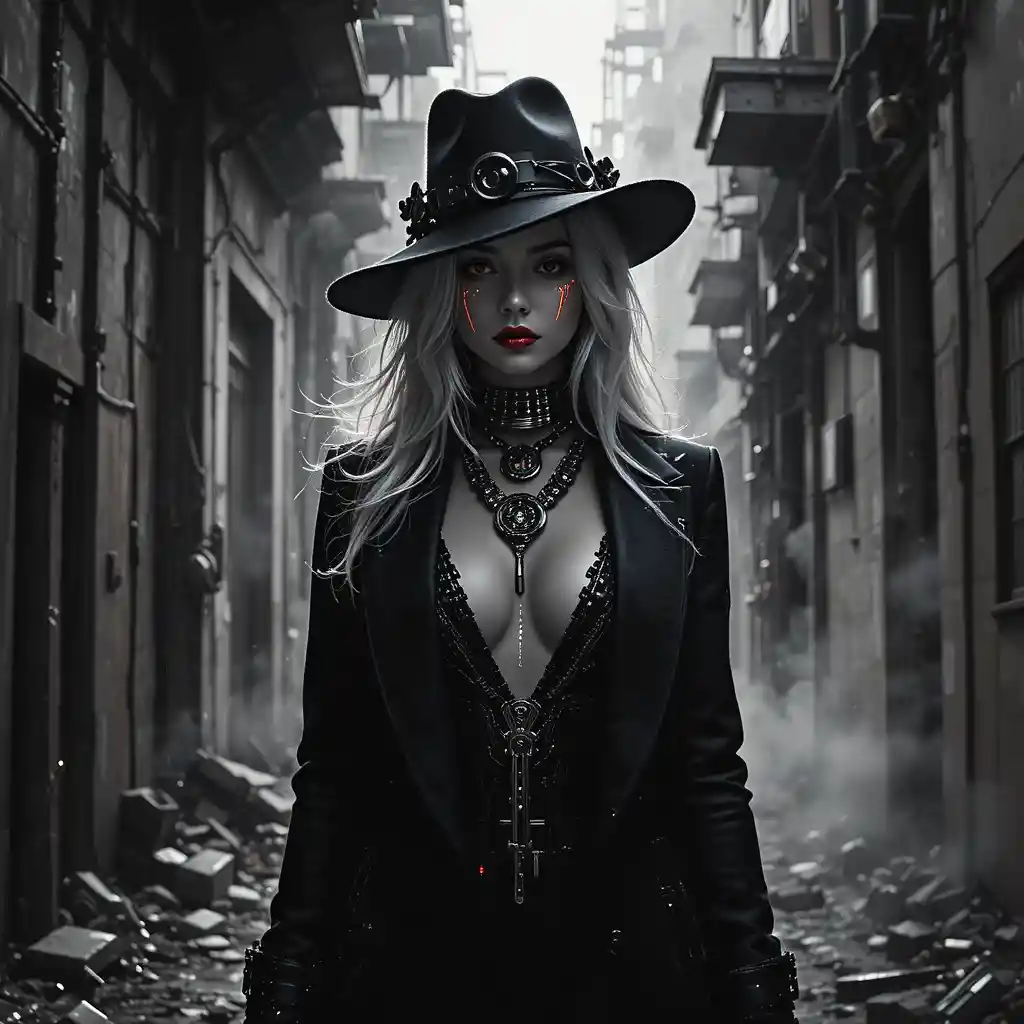Cinematic cyber noir woman in a shadowed city alley