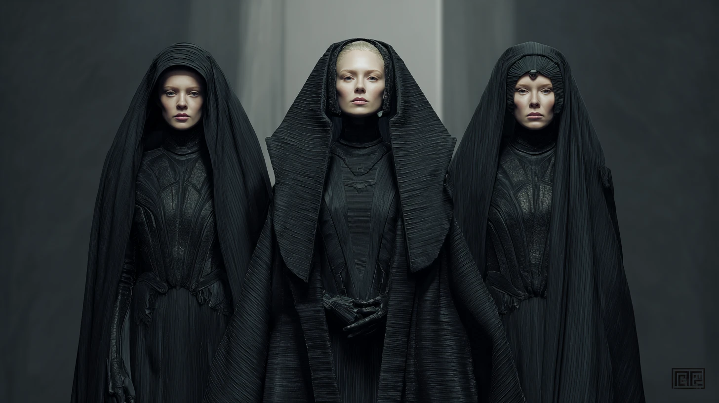 Noble sci fi priestess shrouded in black veils on starship