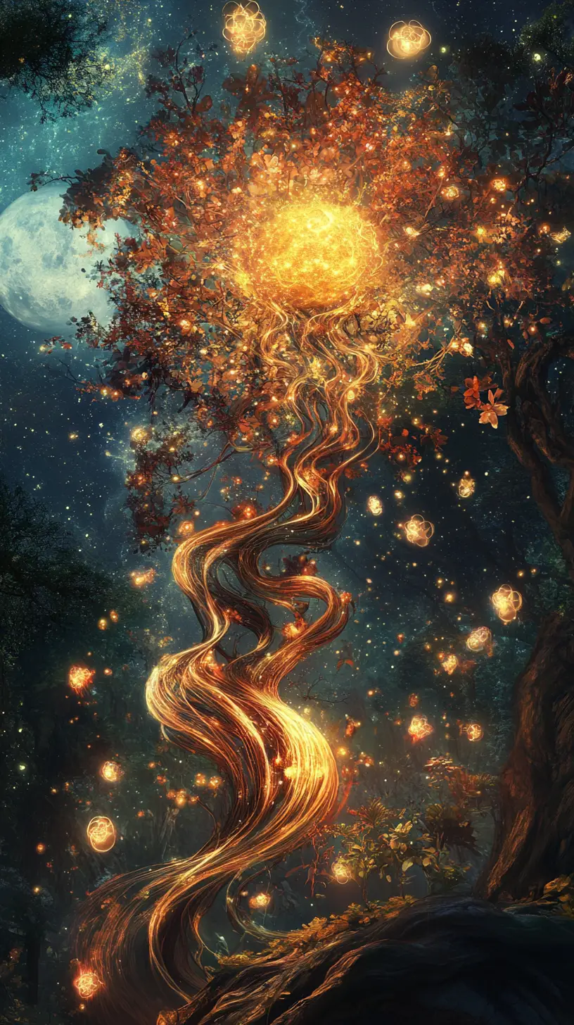 Ancient magical plant glowing under an eternal starry sky