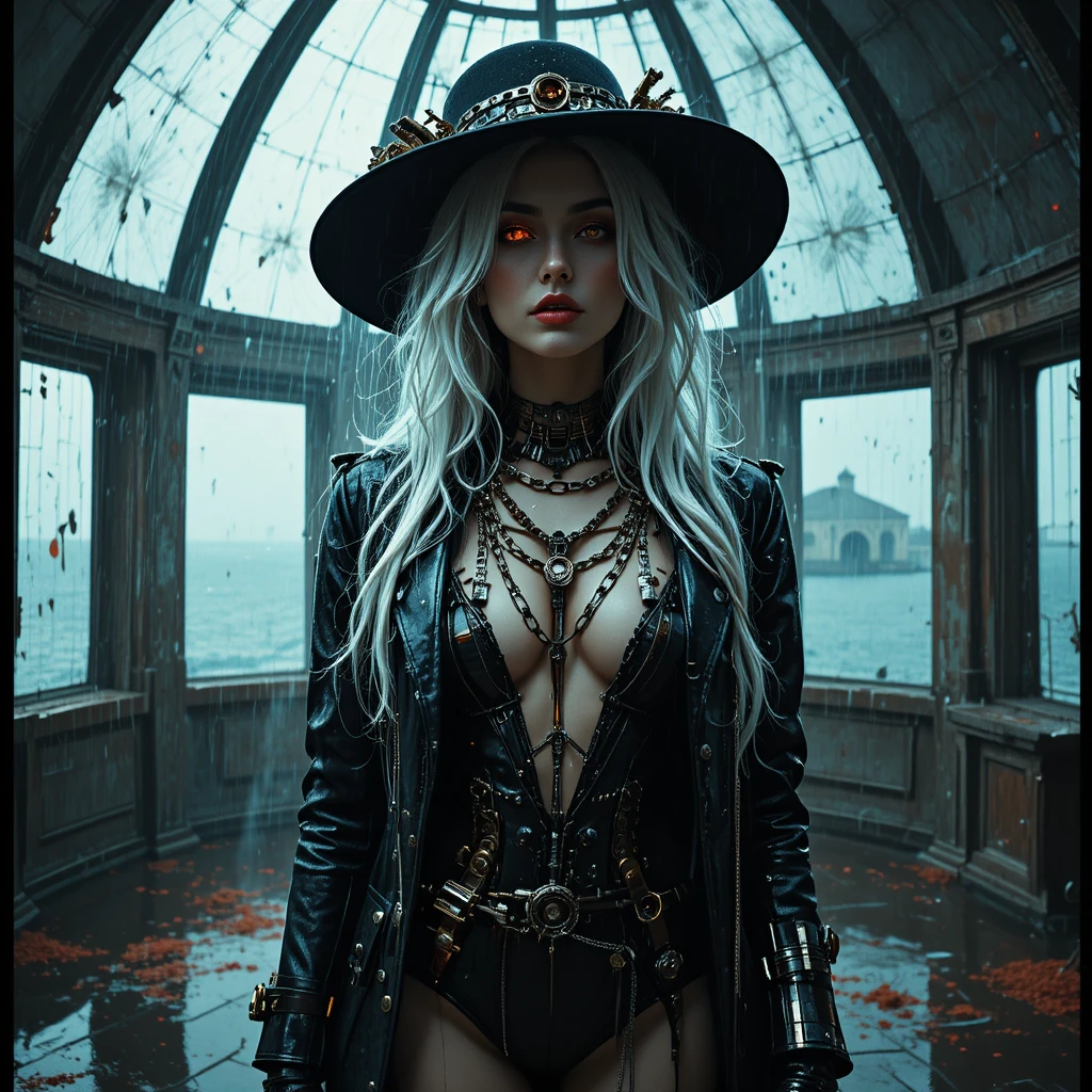 Surreal cyber noir woman in a rain soaked observatory