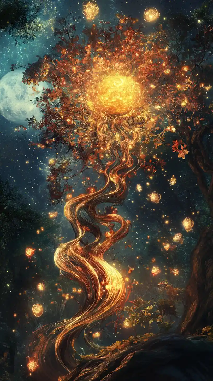 Ancient magical plant glowing under an eternal starry sky