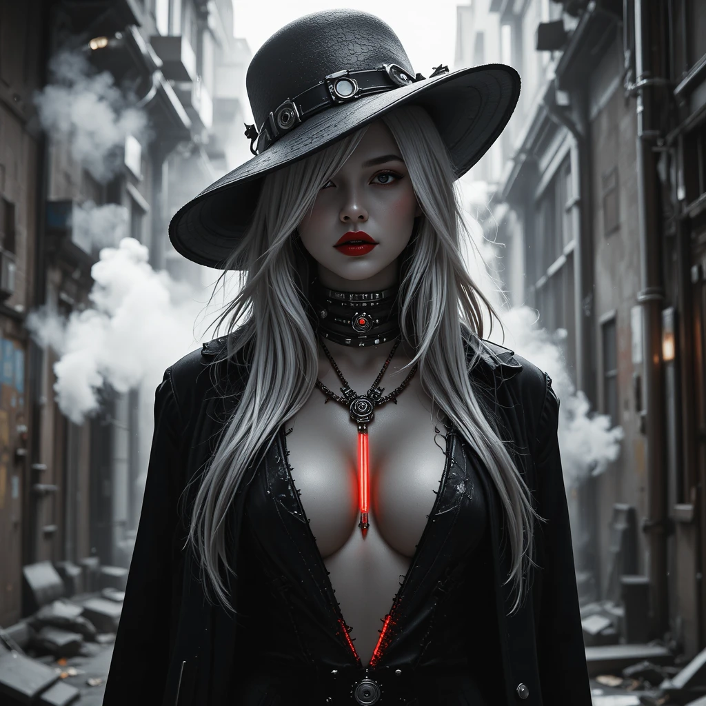 Cyber noir woman in a high contrast alley portrait