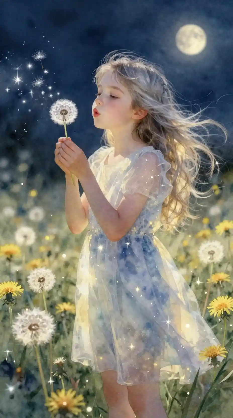 Silver haired girl in dandelion field under dreamy moonlight