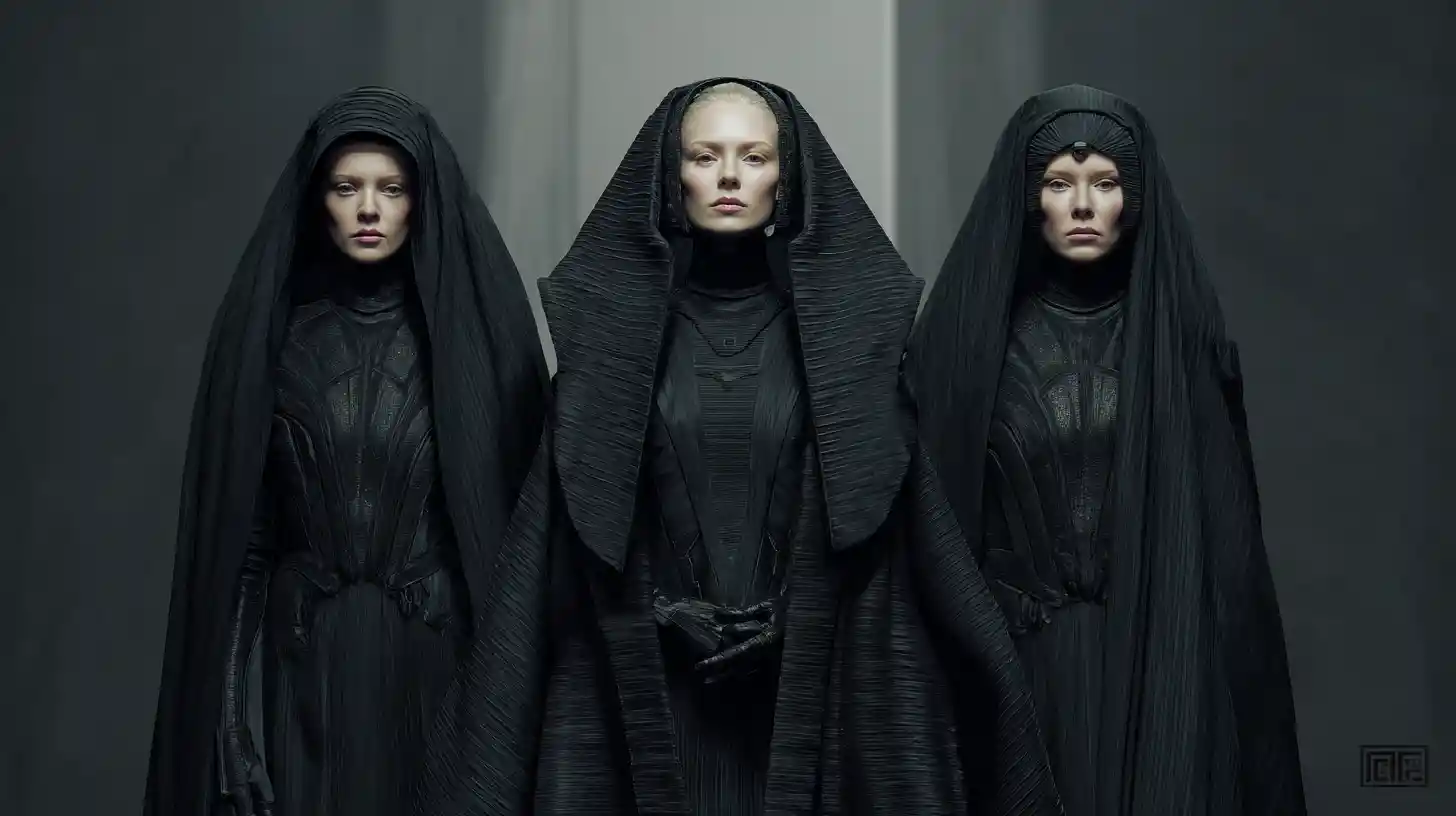 Noble sci fi priestess shrouded in black veils on starship