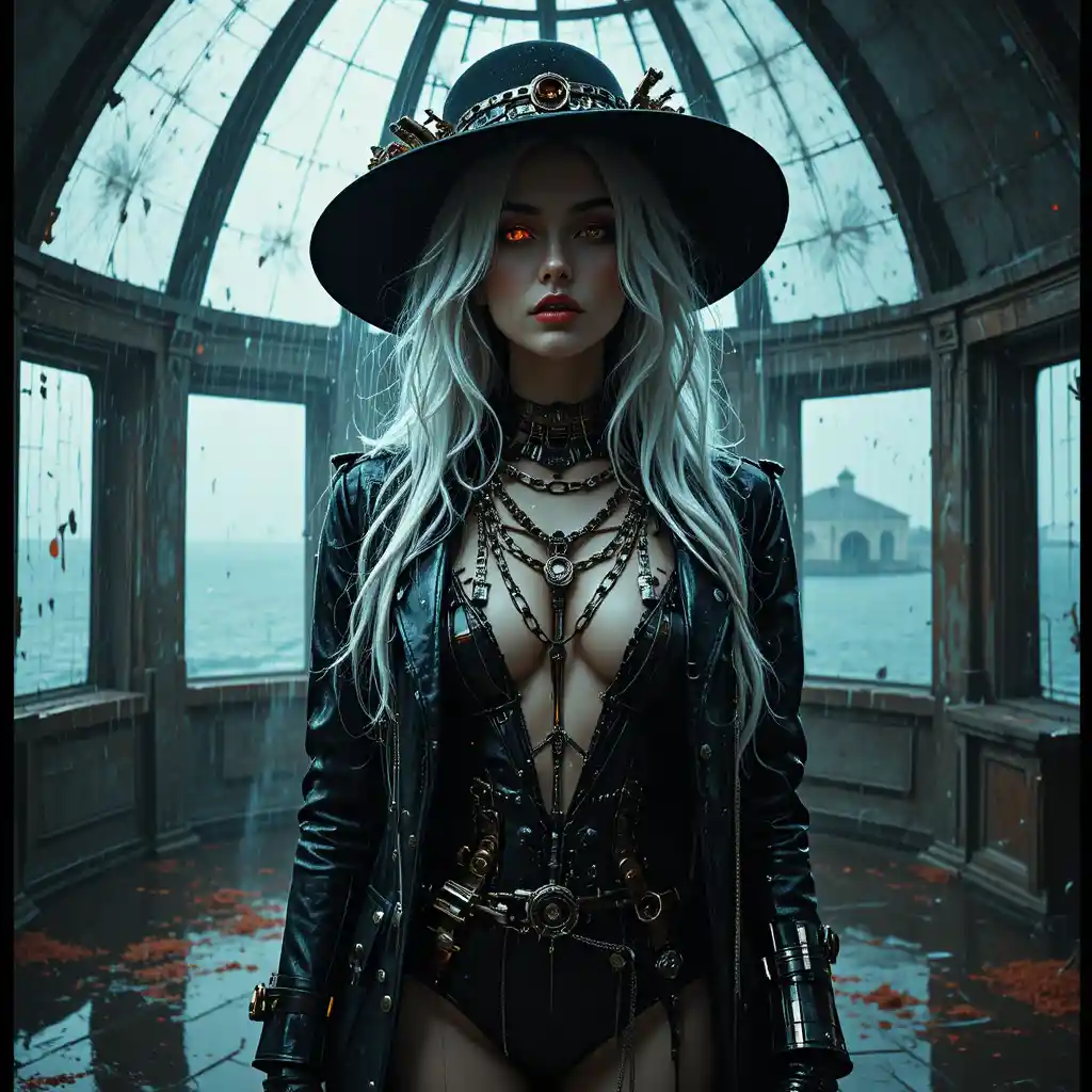 Surreal cyber noir woman in a rain soaked observatory