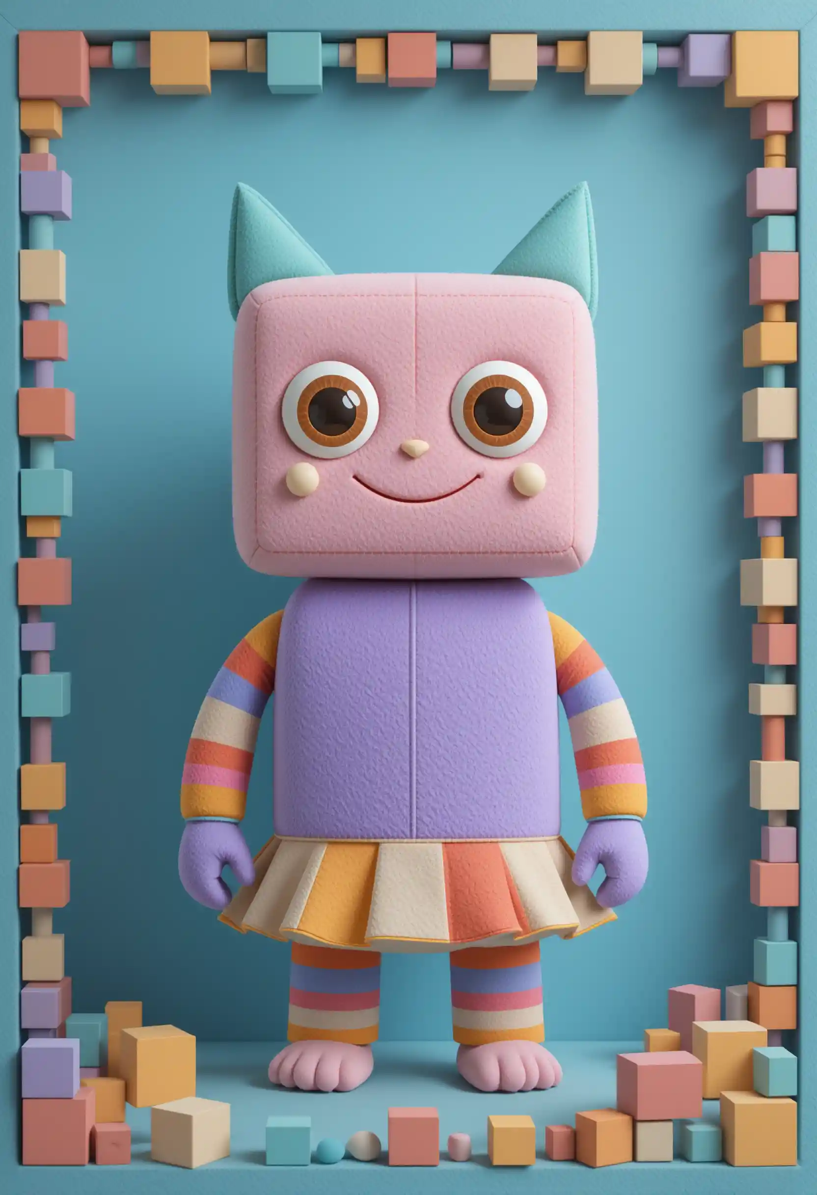 Geometric plush toy character on soft blue background