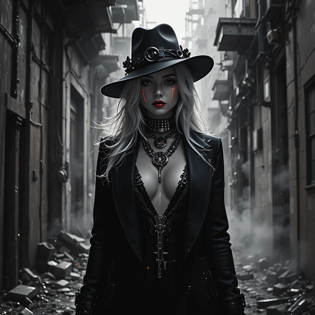 Cinematic cyber noir woman in a shadowed city alley