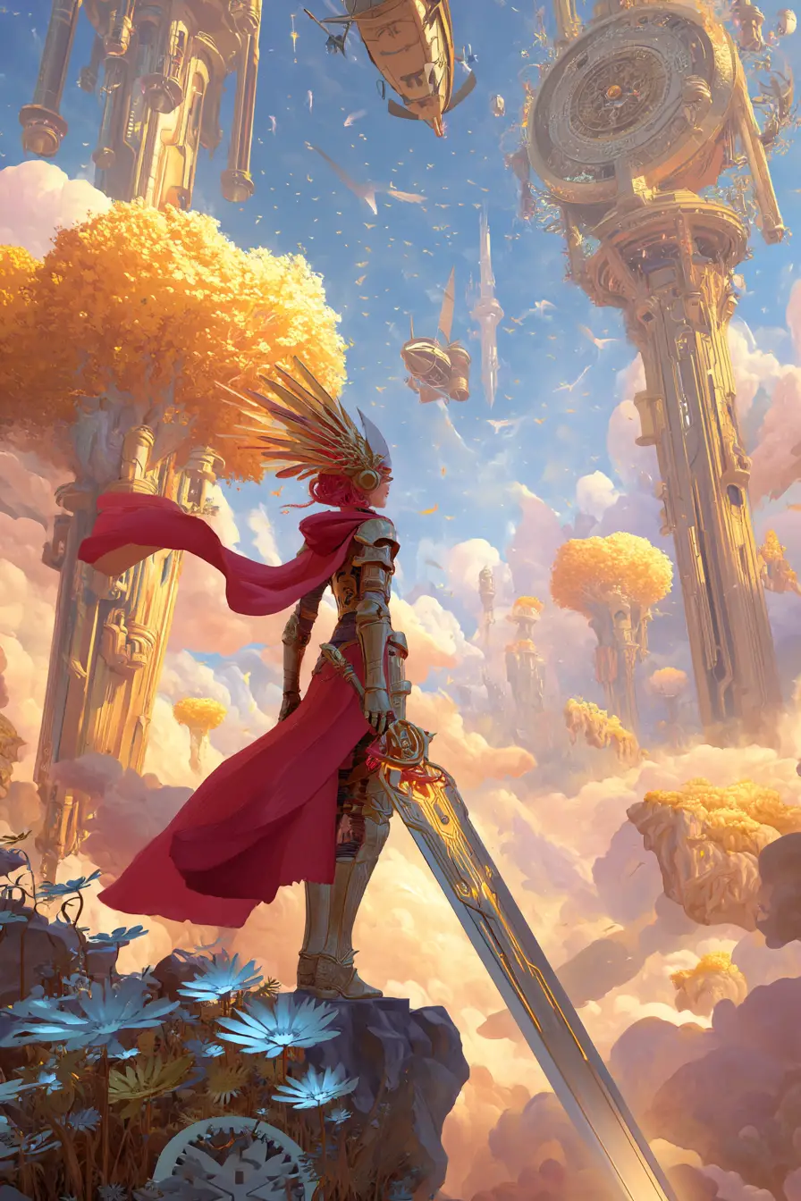 Epic female knight on a floating mechanical island