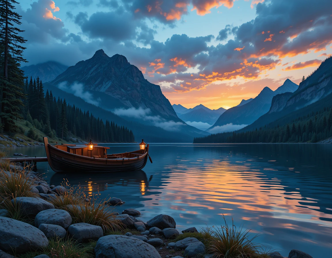 Wooden boat with lanterns on a peaceful mountain lake at sunset