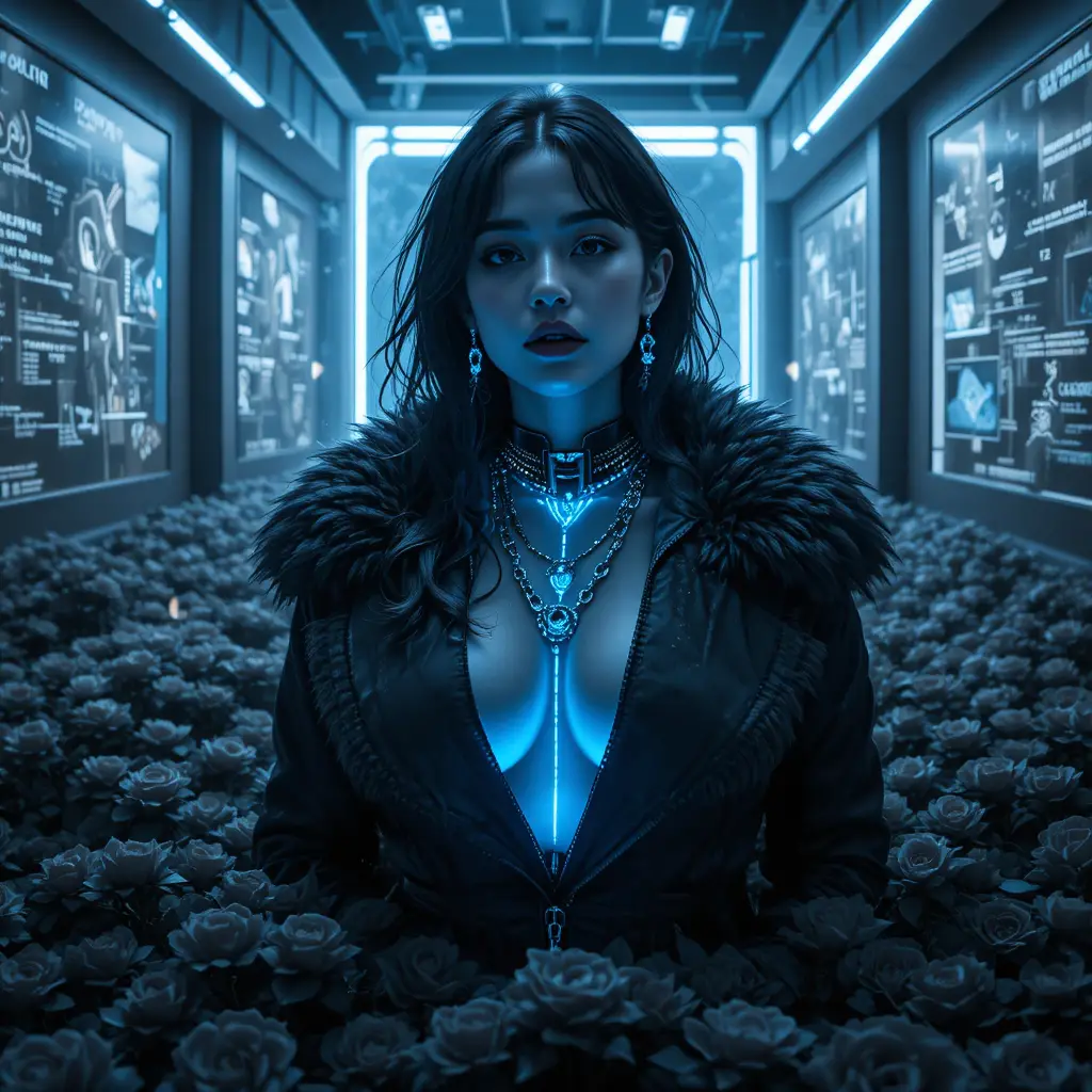 Frau, die aus dunklen Rosen in futuristischer gotischer Galerie aufsteigt