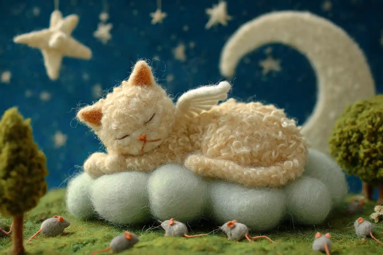 夜の雲の上で眠るフェルトの天使猫