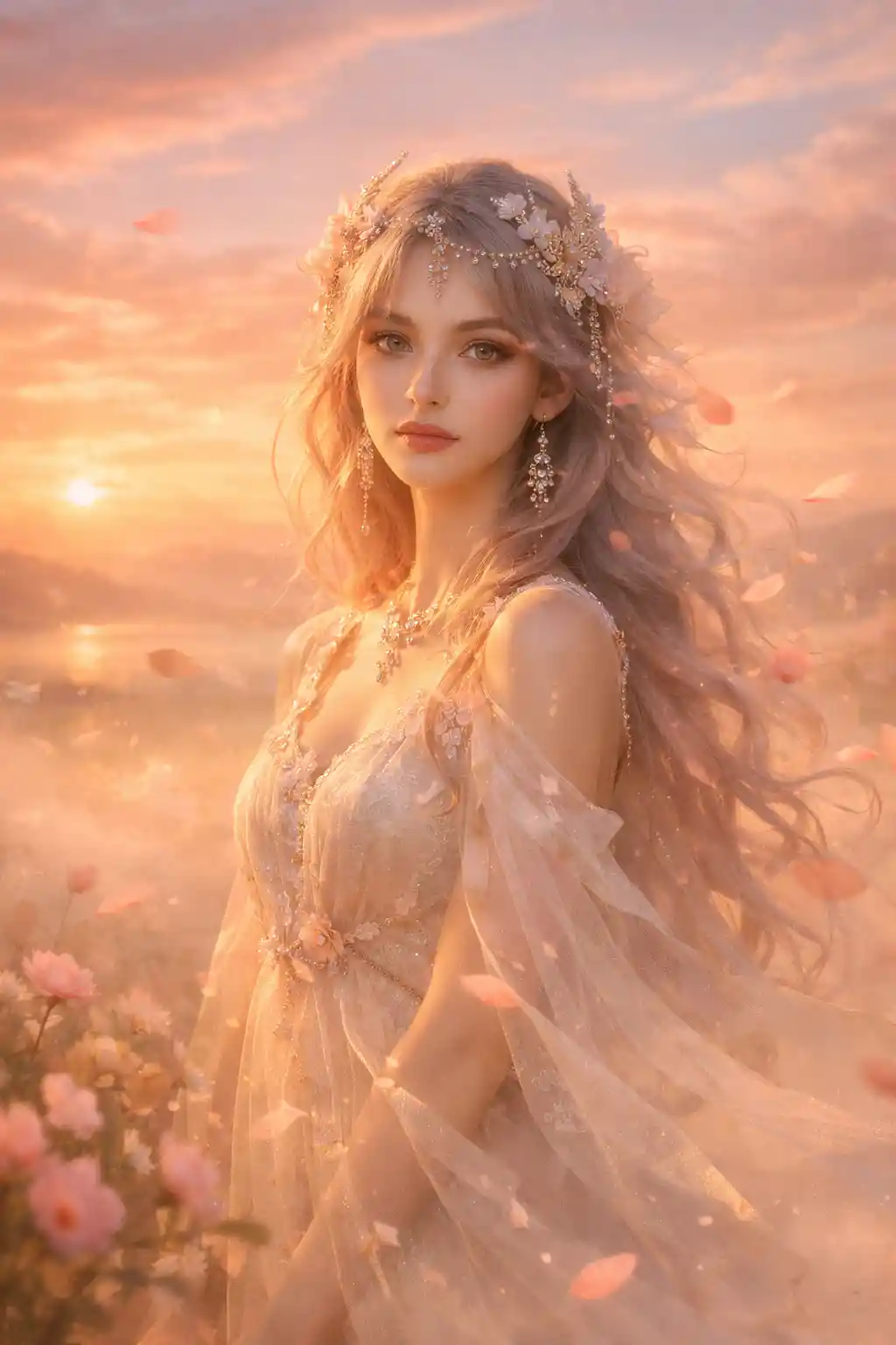 Ethereal woman in a dreamy sunset fantasy landscape