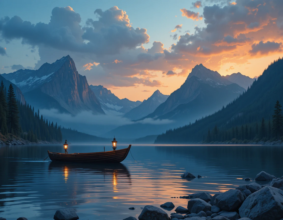 Tranquil wooden boat on a mountain lake at sunset