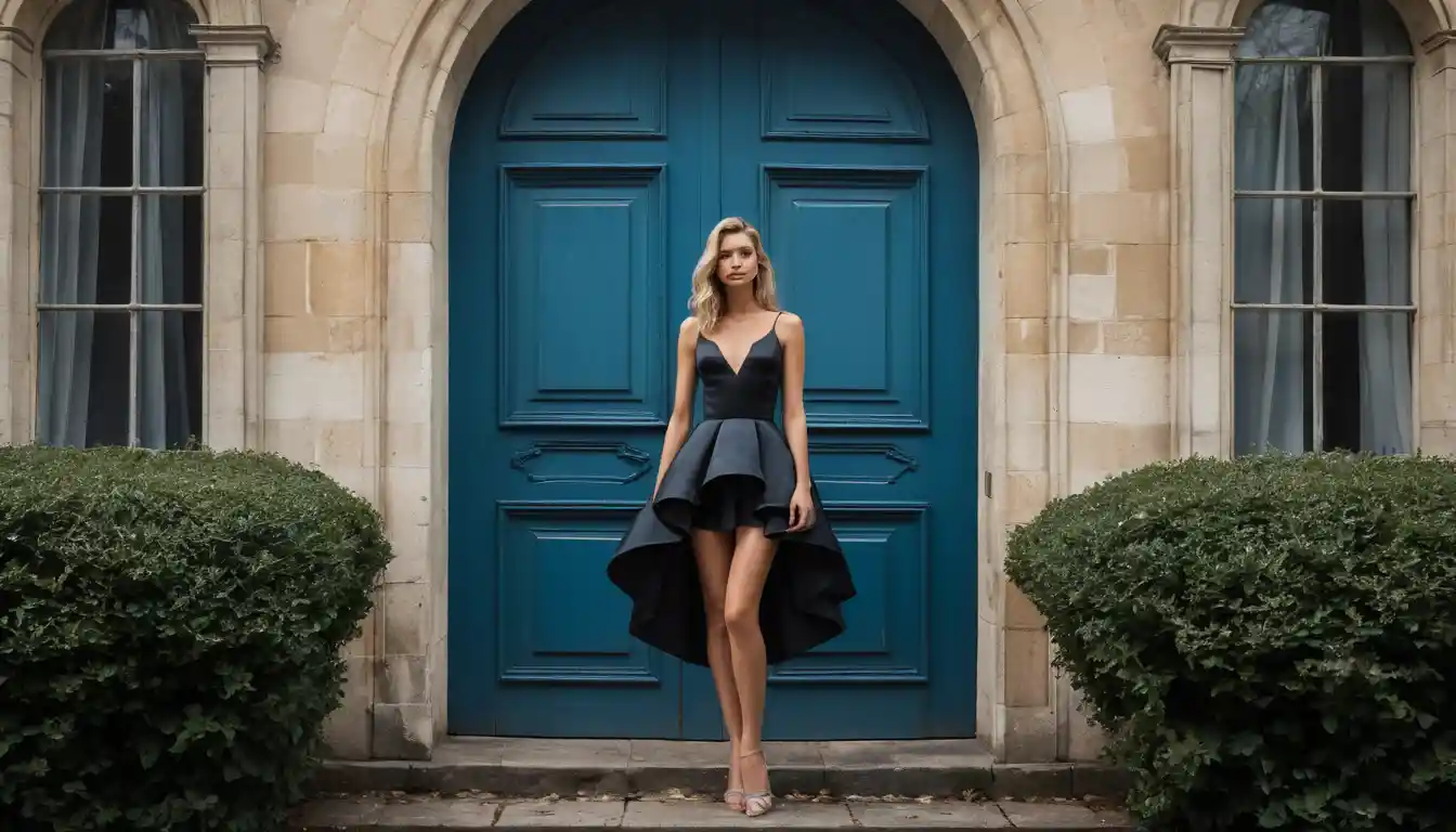 Elegant blonde woman in black evening gown at mansion gate