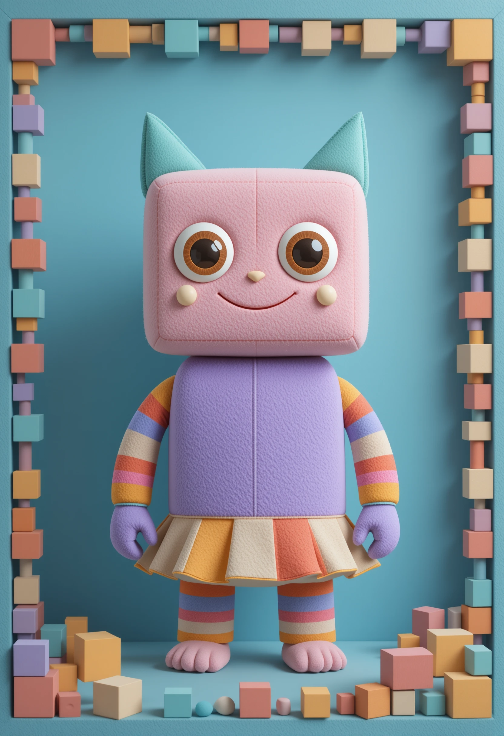Geometric plush toy character on soft blue background