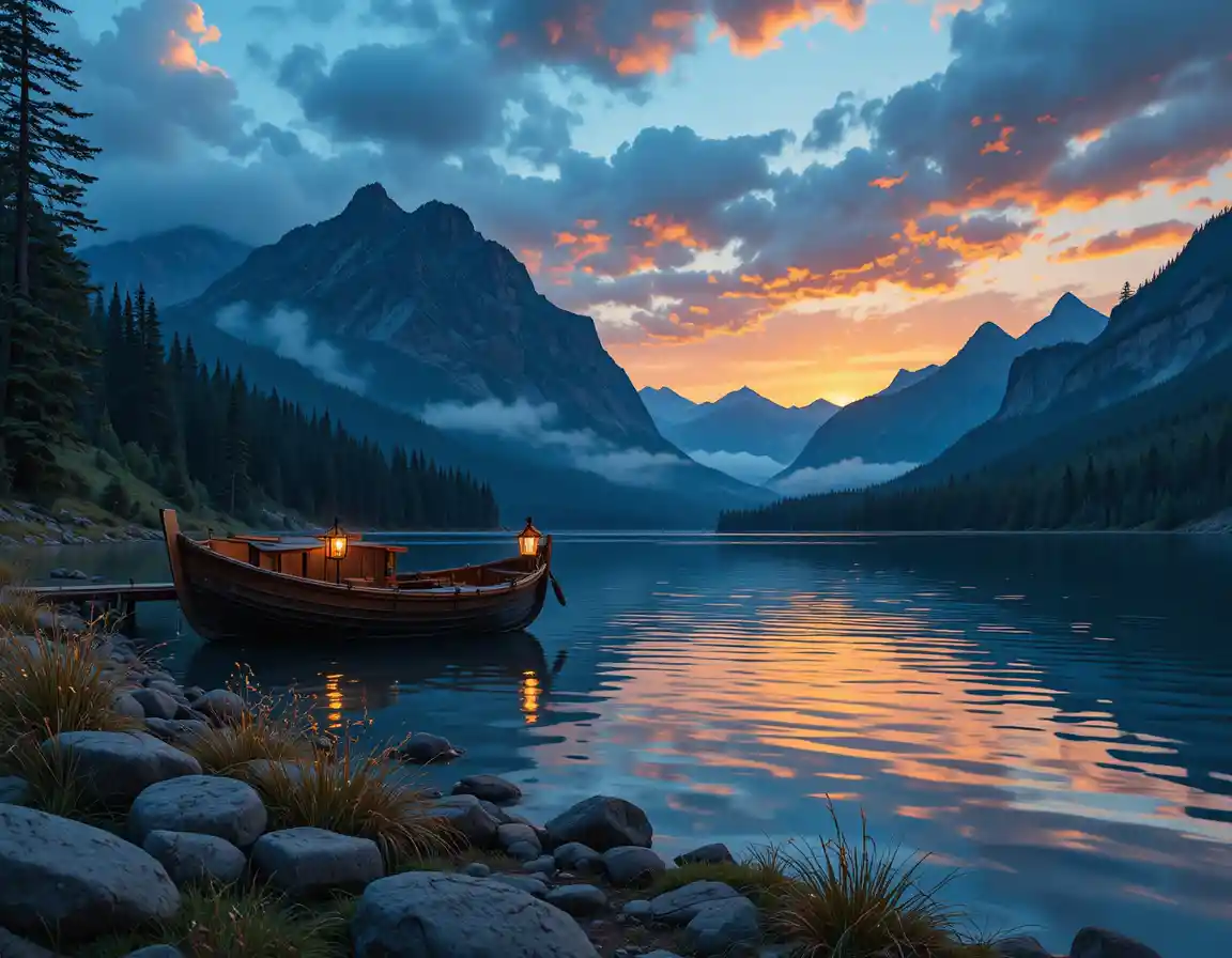 Wooden boat with lanterns on a peaceful mountain lake at sunset