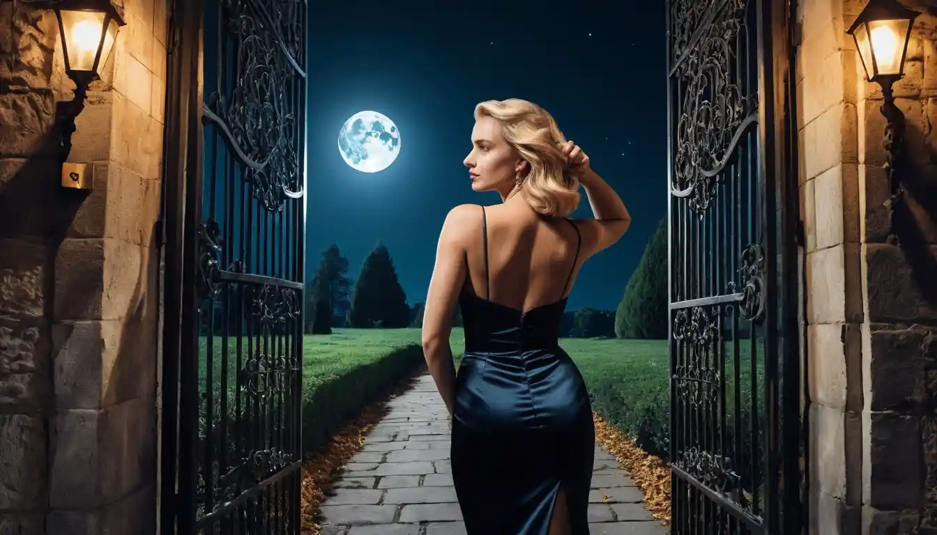 Elegante mujer rubia con vestido de noche negro en la puerta de una mansión
