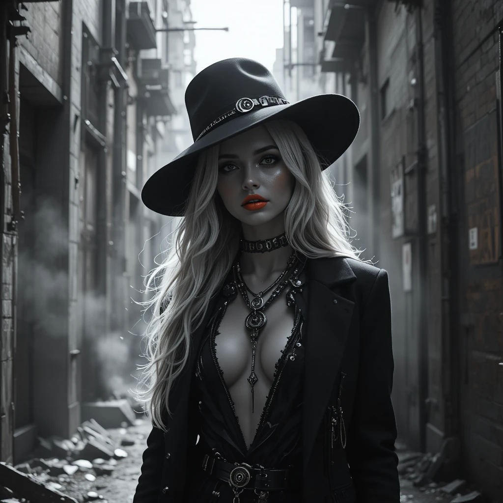 Cyber noir woman in a shadowed industrial city alley