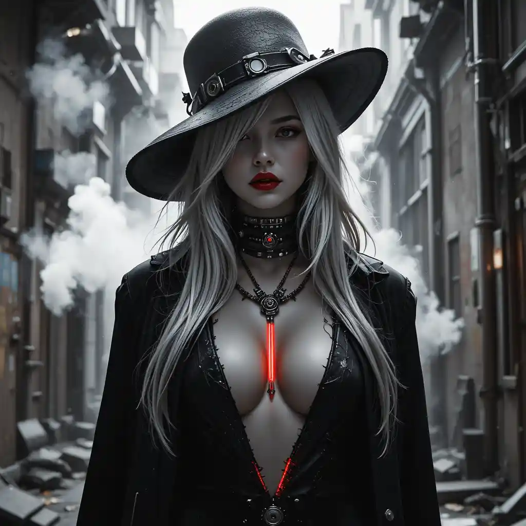 Cyber noir woman in a high contrast alley portrait