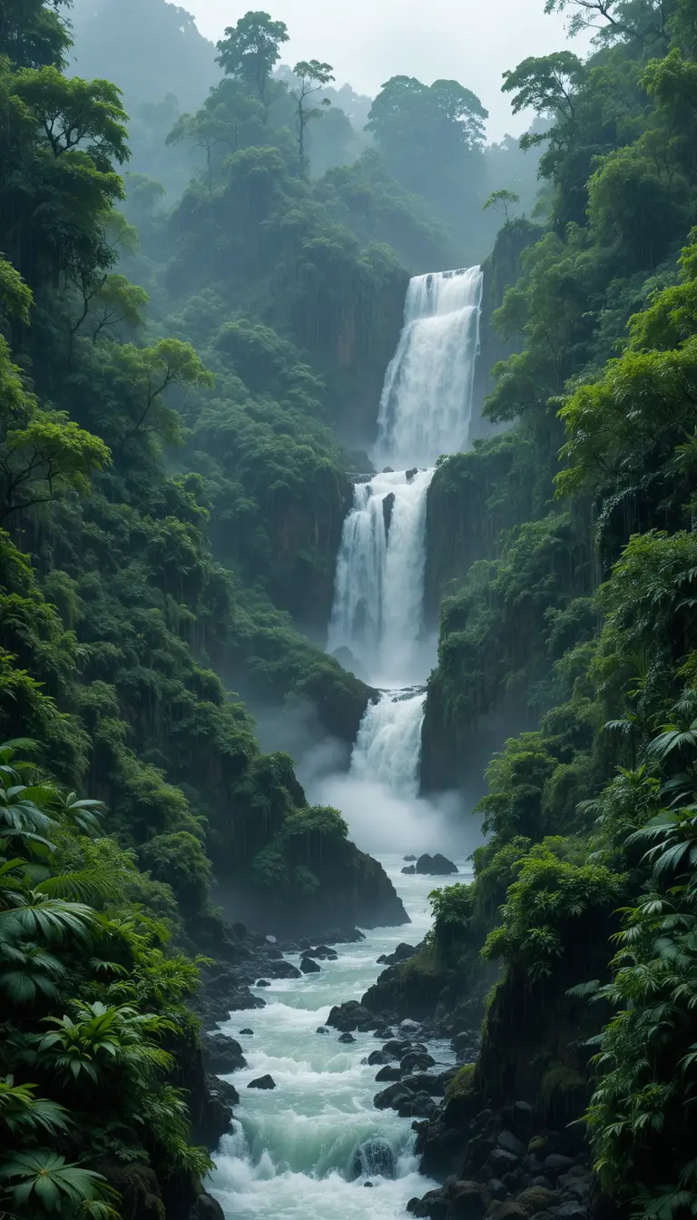 Cascata multilivello in una densa foresta pluviale tropicale in tempesta