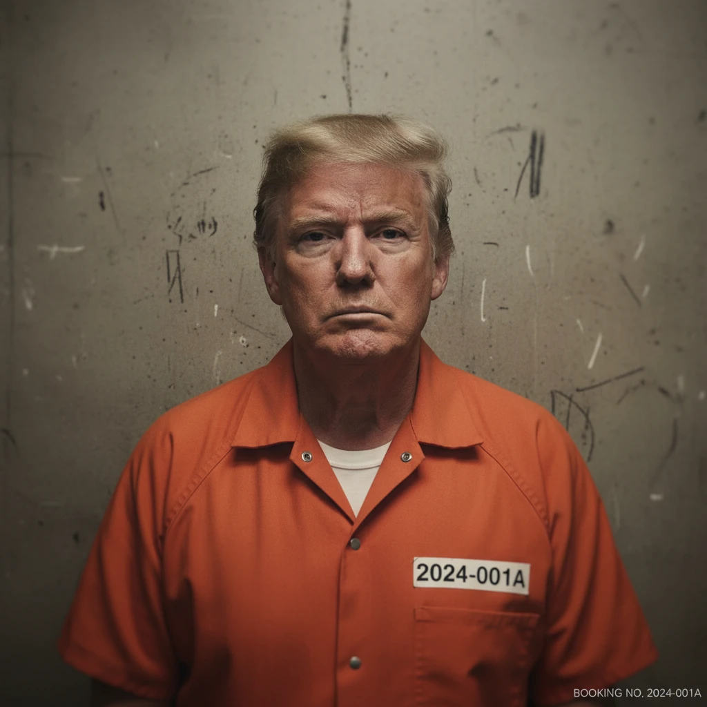 Stern man in orange prison jumpsuit mugshot style portrait